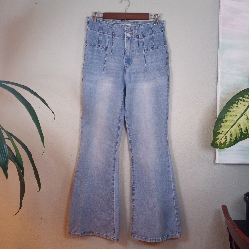 Vanilla Star High Rise Pintucked Waist Bohemian 70s Retro Hippie Faded Flares